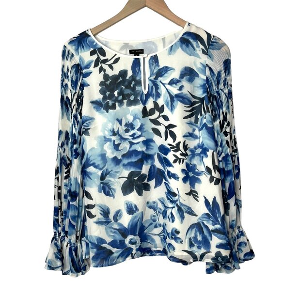 Talbots Women's Floral Blouse M Blue & White Long Pleated Bell Sleeve - Picture 1 of 13